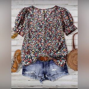 SHEIN Black Floral Square-Neck Short Sleeve Blouse